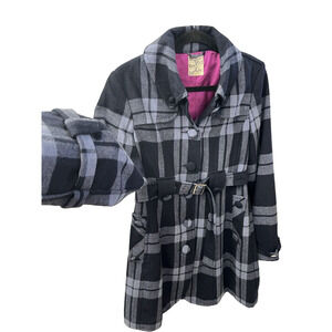 Anthropologie Tulle Coat Blue & Black Plaid SZ L Wool Blend Belted Jacket Lined